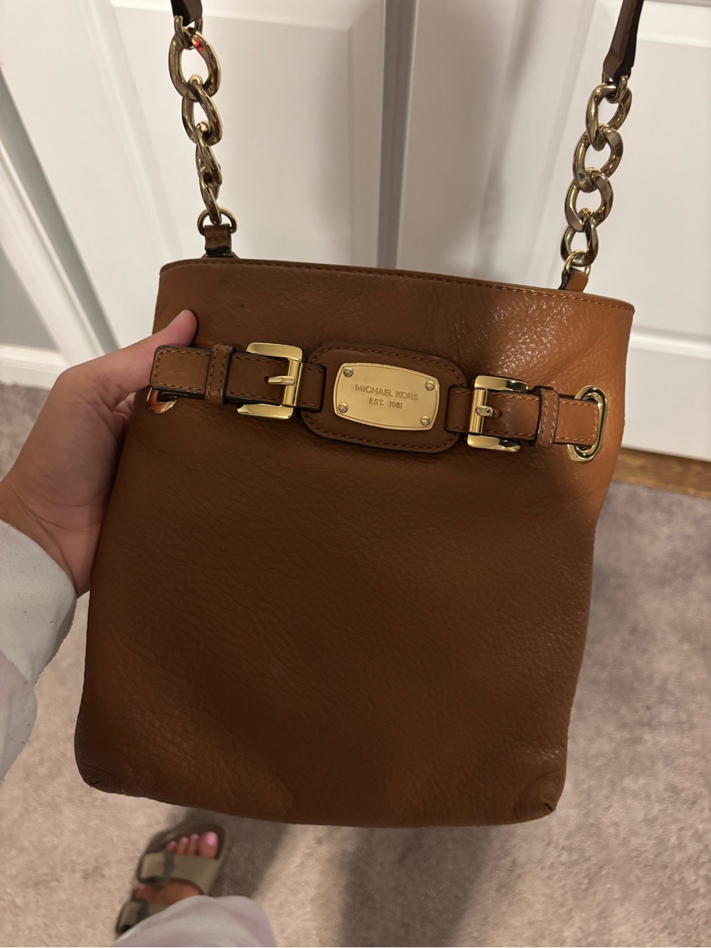 Michael Kors Brown Pebbled Leather Chain-Accent Crossbody Bag